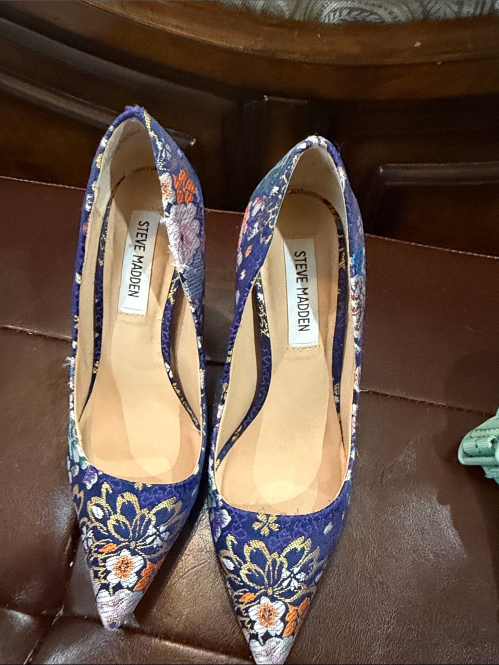 Steve Madden Blue Floral Pointed Toe Pumps with Gold Accents